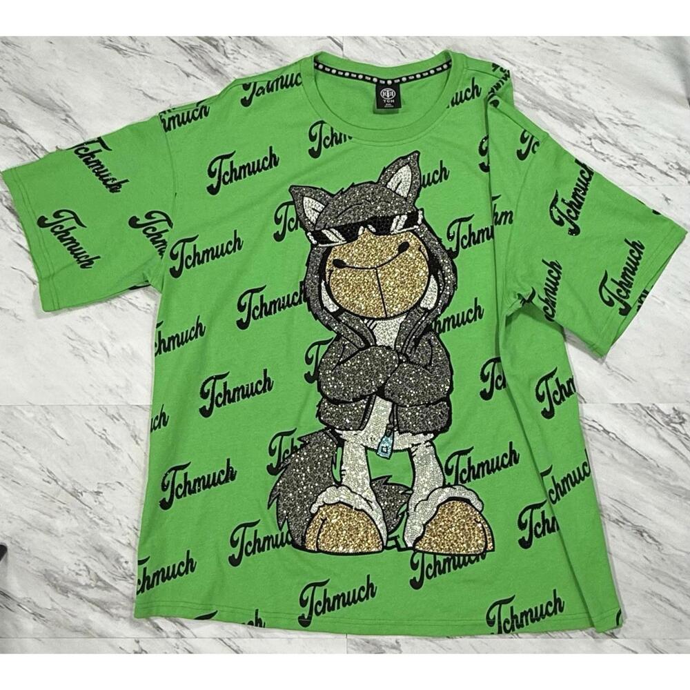 TCH Rhinestone Cartoon Graphic All-Over Print Green Tee XXL #9